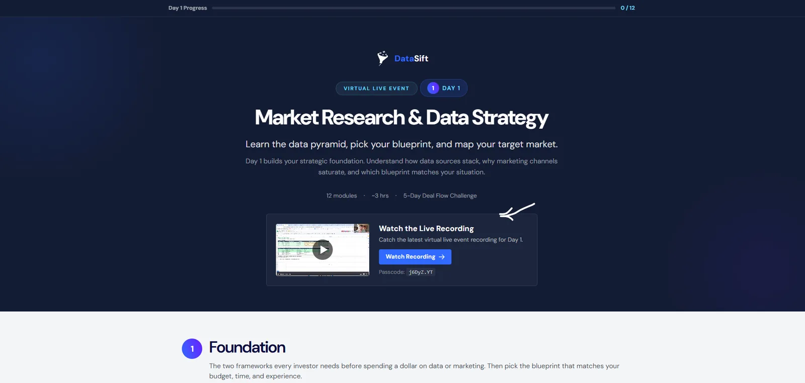 Day 1 replay recording — Market Research and Data Strategy session with Watch Recording button